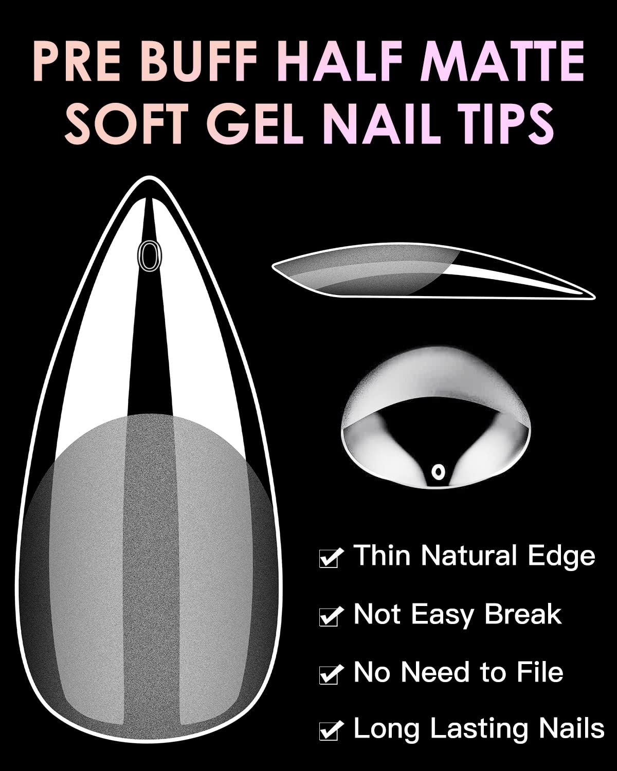 Medium Stiletto Nail Tips, BORNBYME 504PCS Pre Buff Full Cover Shaped Nail Extenison Tips Half Matte Gel X Nail Tips