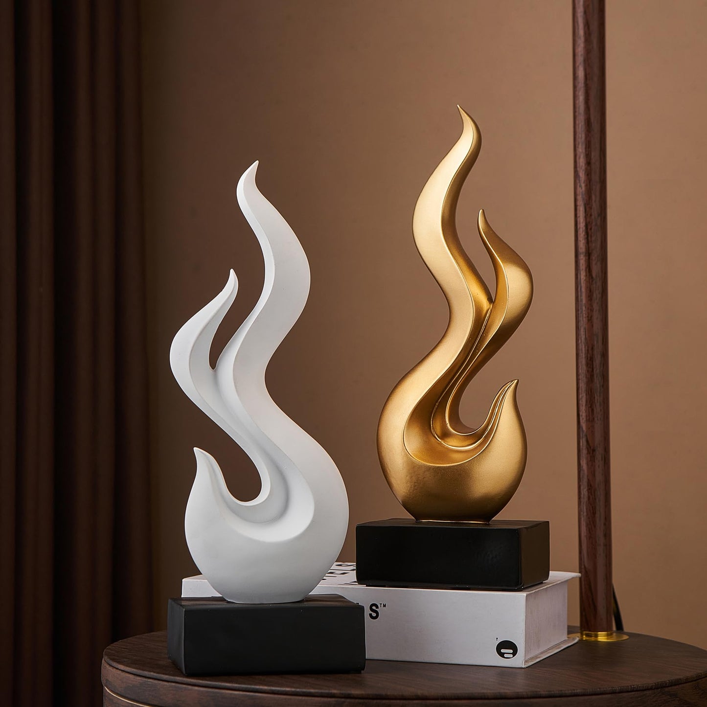 Modern Abstract Art Table Decoration, Gold Decor Flame Statue for Living Room Home, Black Shelf Decor Accents, Abstract Art Resin Sculpture for Dining Room, Office & Coffee Table Centerpiece (White)