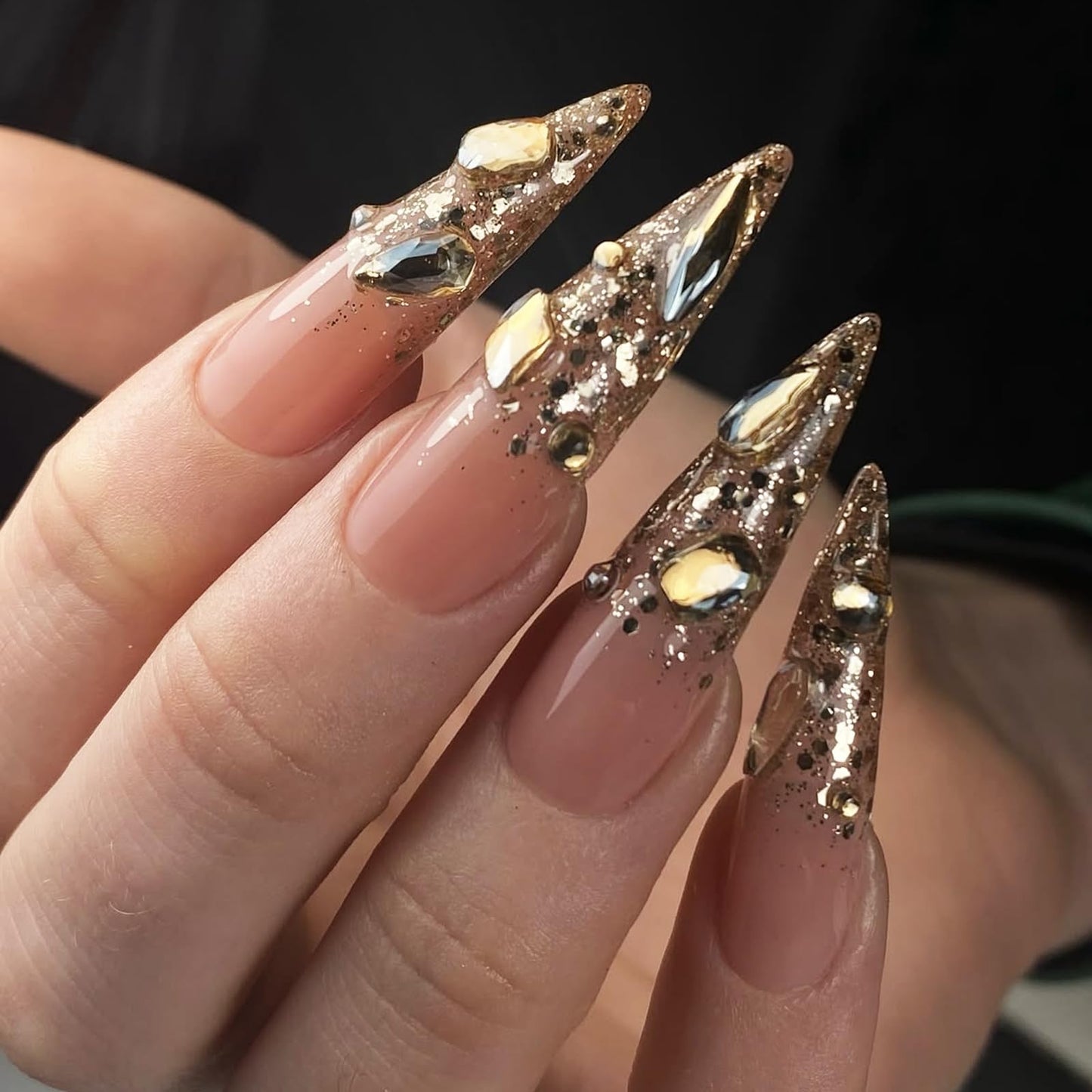 IMSOHOT Golden Press on Nails Long Stiletto Fake Nails Rhinestone & Glitter Full Cover Glue on Nails Glossy Acrylic Luxury Bling False Nails Handmade Artificial Stick on Fingernails