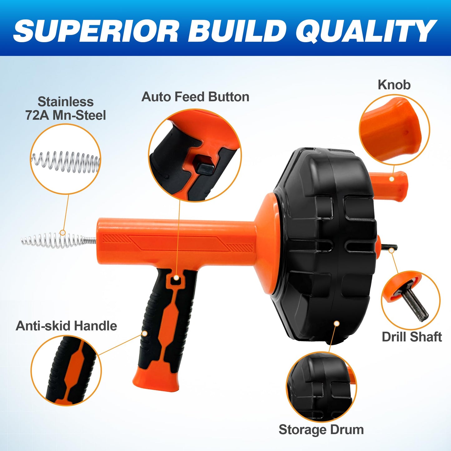 Drainsoon Auto Feed Drain Auger with Drill Adapter, 33 Feet Drain Snake Hair Clog Remover, Manual or Powered Plumbing Snake Drain Cleaner for Bathroom, Shower, Kitchen Sink, Comes with Gloves