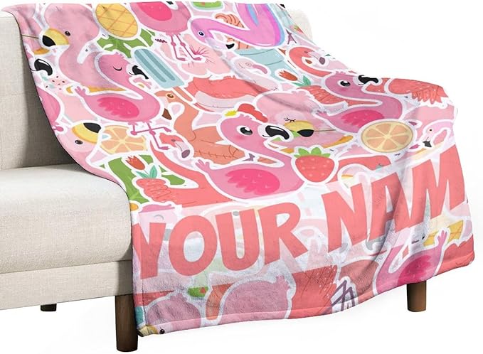 Custom Flamingo Blanket Gifts with Name - 40 x 50 Inches Funny Flamingo Throw for Girls & Women - Pink Soft Furry Plush Blankets for Couch