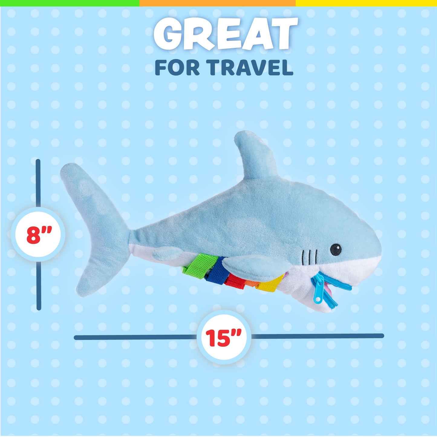 Buckle Toys - Bruce Shark Stuffed Animal - Montessori Learning Activity Travel Toy for Toddlers - Develop Motor Skills and Problem Solving
