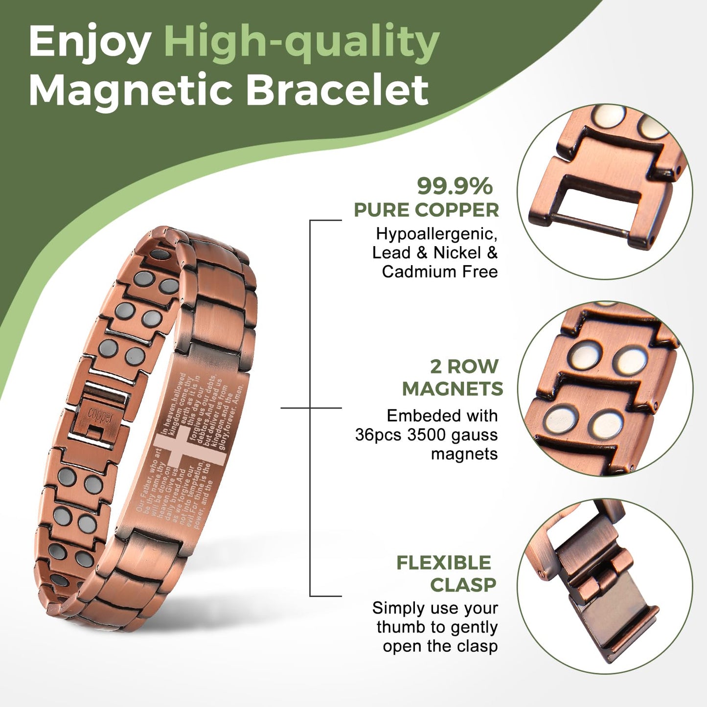 MagEnergy Copper Bracelet for Men, Cross Copper Magnetic Bracelet with Ultra Strength Magnets, Adjustable Link Jewelry Box Gift (Sizing Tool)