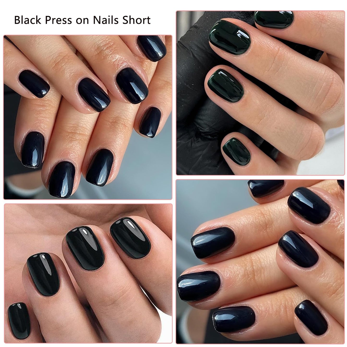 LuckForever Short Press on Nails 240pc Glossy Black Press on Nails Short Square Round Fake Nails Full Cover 10 Sheets Nail Adhesive Tabs,Small Wooden Sticks and Nail Files False Nails for Women