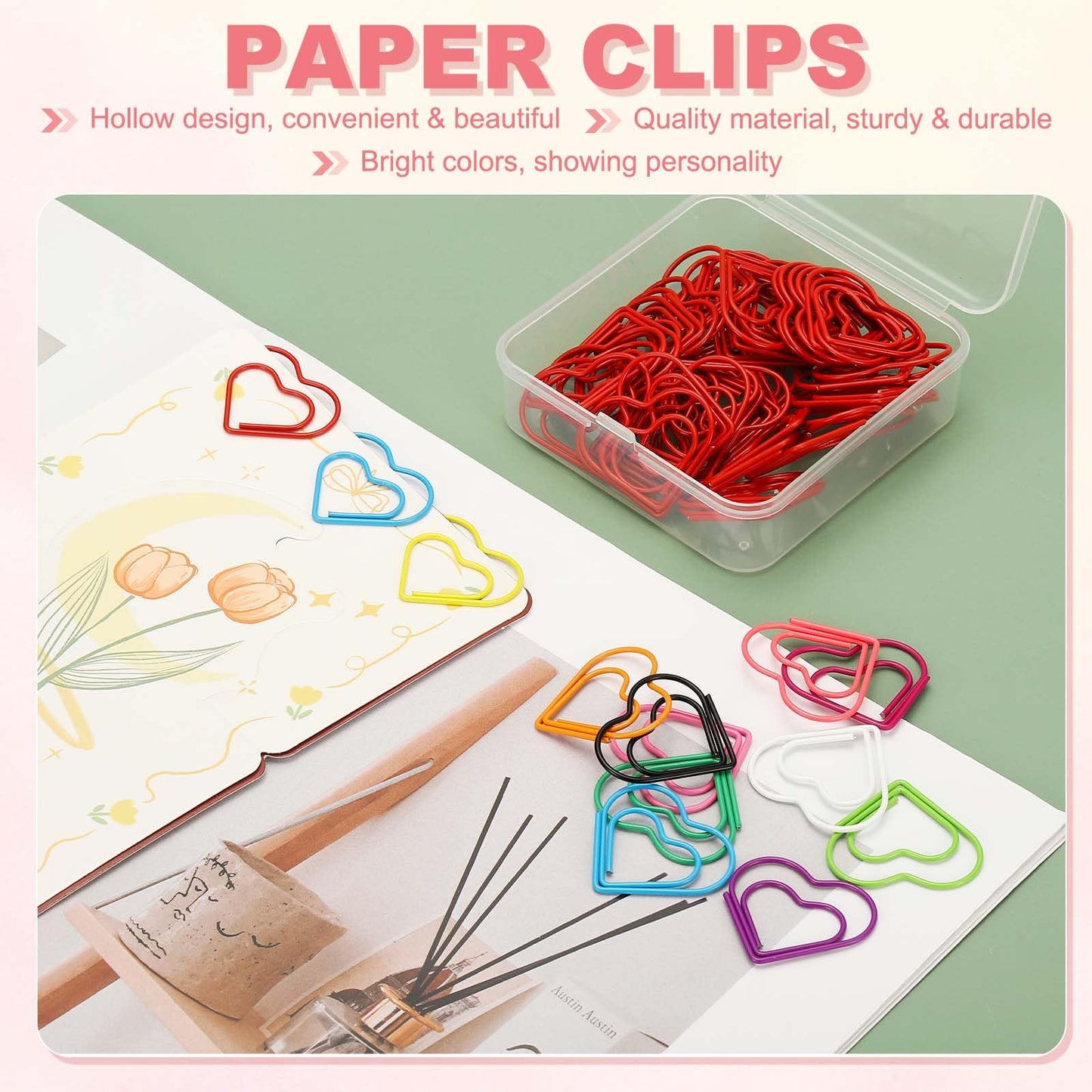 PATIKIL 100 Pcs Heart Shape Paper Clip, Metal Cute Small Paper Clamp Clips for Office Supplies Craft Scrapbook Document Note Sorting, Plastic Coating, Pink