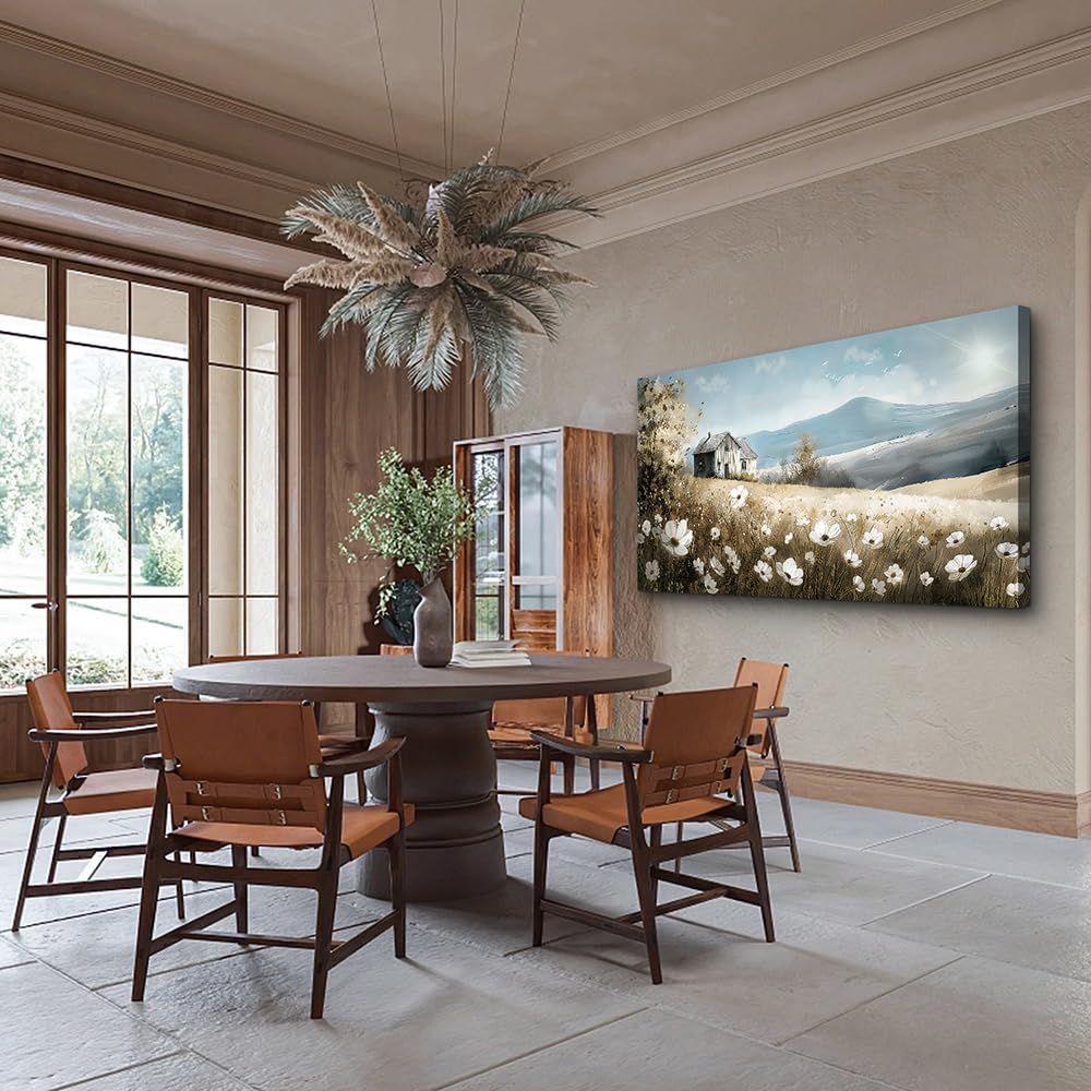 Wapluam Canvas Wall Art For Living Room Large Wall Decor For Bedroom Field Scenery Watercolour Flowers Wall Paintings Office Decorations Old House Pictures Artwork Home Decor Ready To Hang 48L x 24W