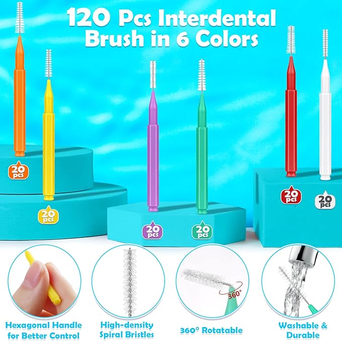 Modacraft 120-Piece Interdental Brush Set - 6 Sizes, Braces-Friendly, 360° Bendable Floss Heads, Soft Bristles, Portable Oral Care Kit for Daily Use, Travel, and Gift