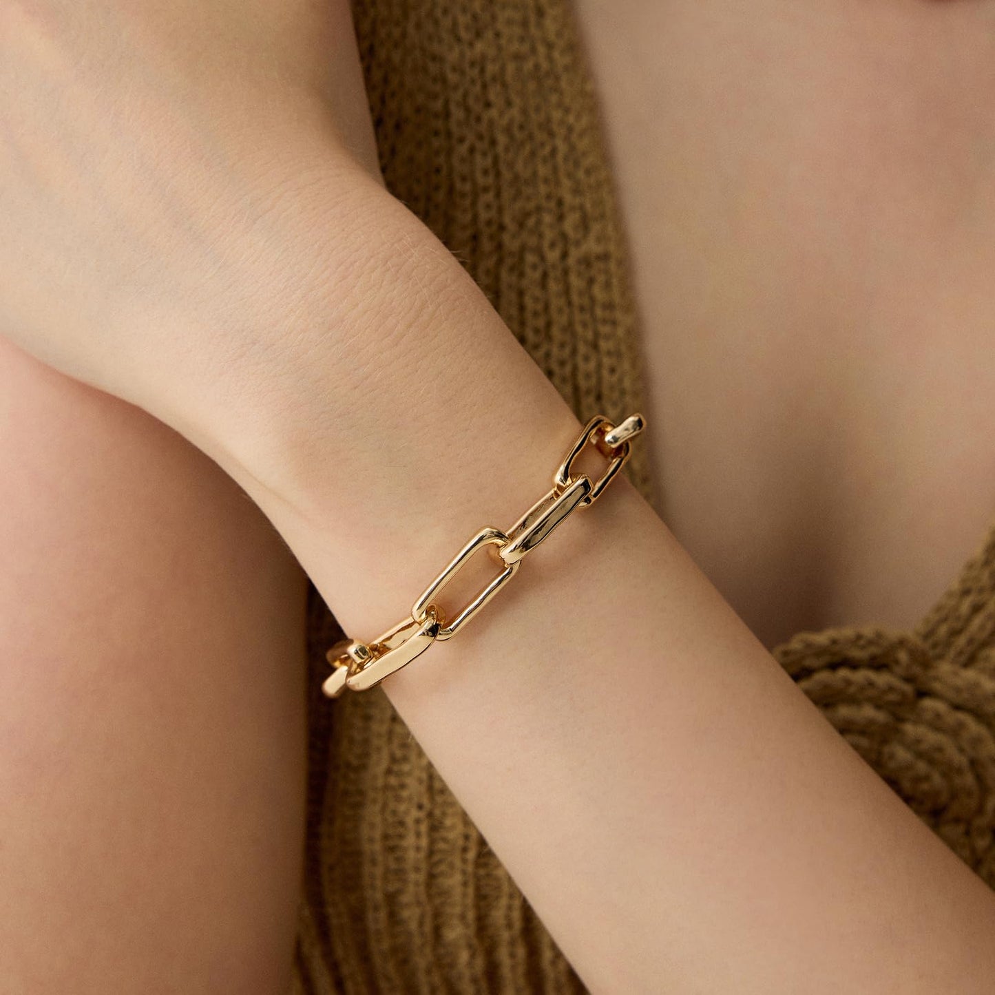 COBI Chunky Bracelets for Women, Paperclip Bracelets, Coffee Bean Chunky Link Bracelet, 18K Gold & Sterling Silver Plated, Stackable Thick Large Punk Jewelry 7.4''+1.2''-Thin Paperclip Gold
