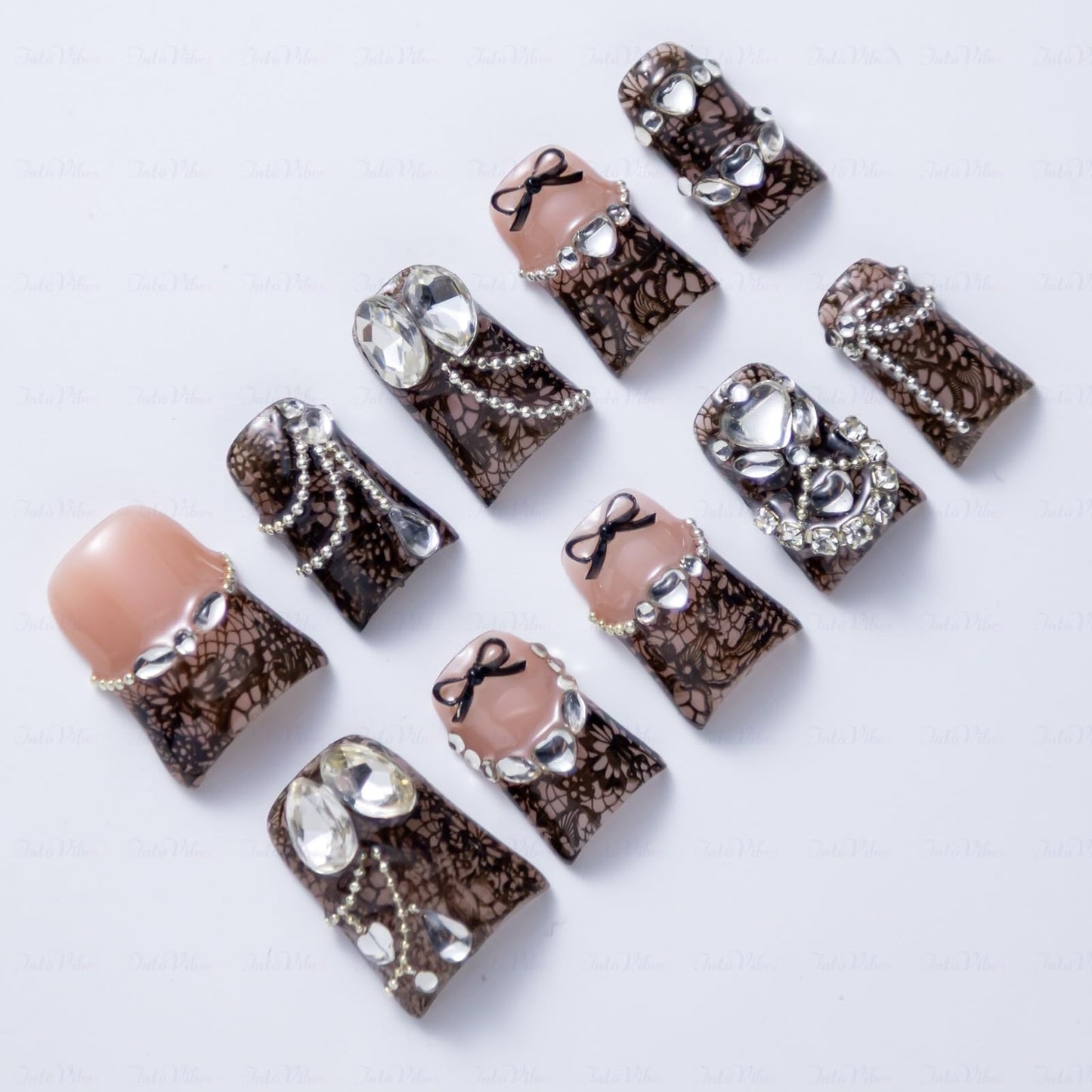 IntoVibes 10 Pieces Luxury Acrylic Press On Nails Short Handmade Duck Nails, Black Thickened False French Nails, 3D Lace Texture, Large Rhinestones, Reusable Fake Nails, Acrylic Nails (L)