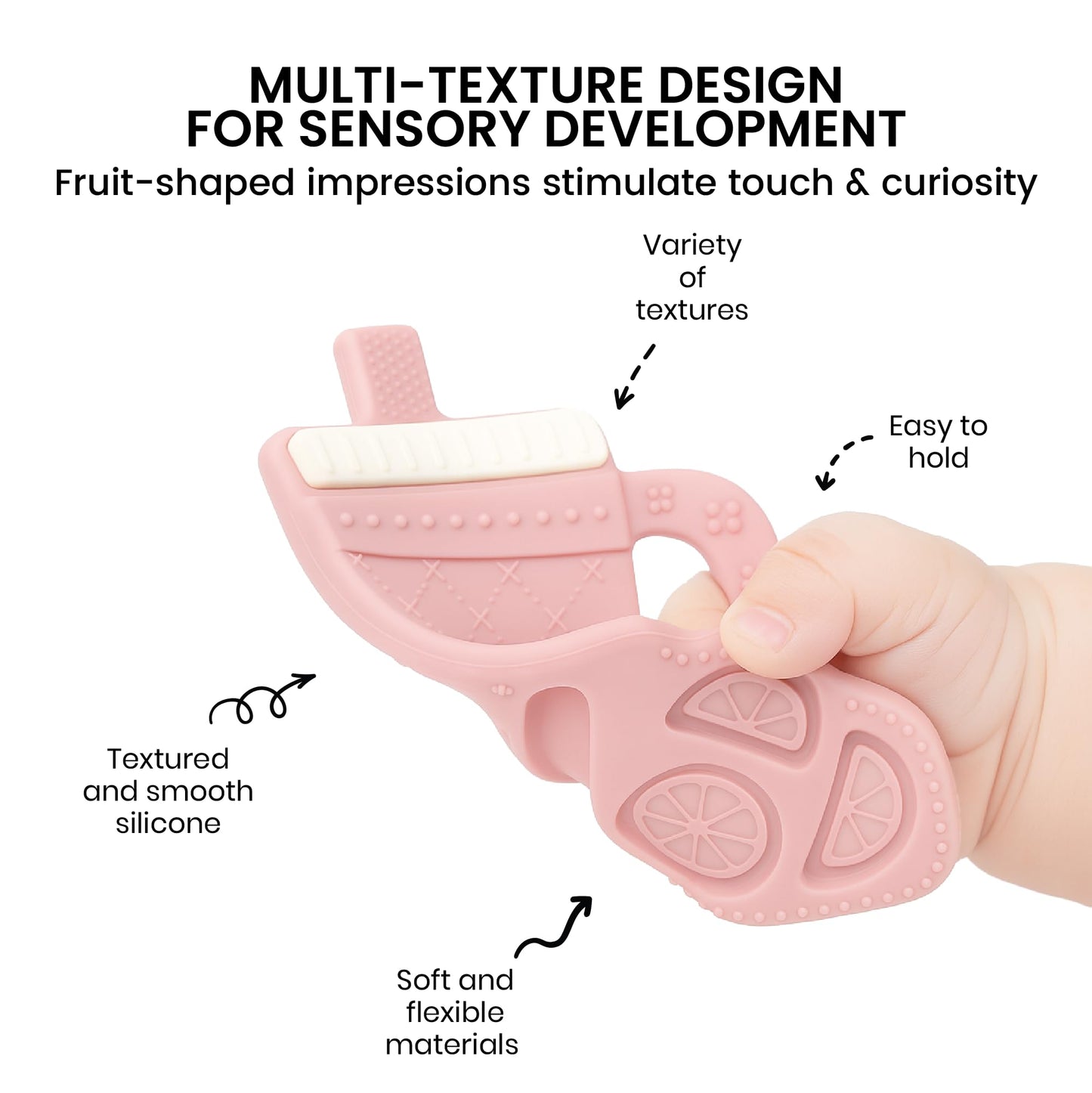 Lulyboo Sip & Soothe Silicone Teether 3 Pack - Food-Grade Soft Silicone, Textured Fruit-Shaped Teething Toys with Easy-Grip Handles for Sensory Development, Soothing Relief, Portable & Easy Clean