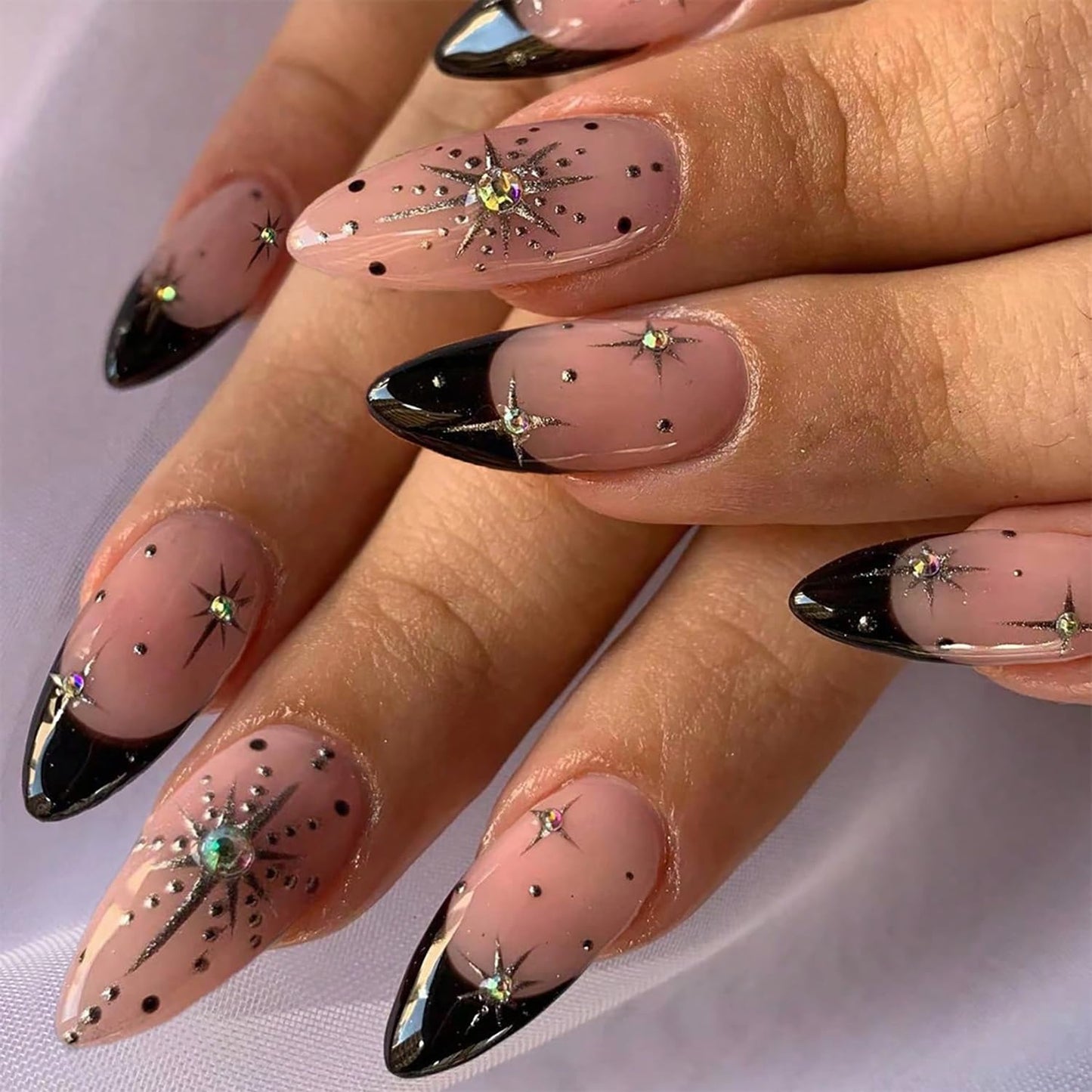 Black French Tip Press on Nails Medium Gold Glitter Rhinestones Design Almond Tip Press Ons False Nail Full Cover Artificial Nails Reusable Handmade Glue on Nails for Women 24Pcs