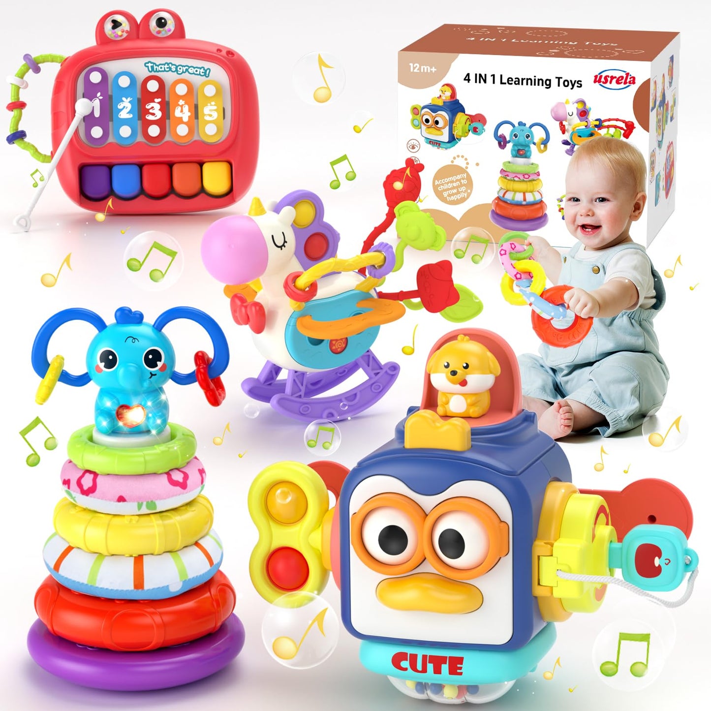 usrela 4 in 1 Baby Toys for 6 12 18 Month, Learning Toys for Babies 6-12 Months, Busy Cube, Stacking Sorter, Piano Xylophone Pull String Travel Toy, Birthday Gifts for Toddlers 1 2 Years Old