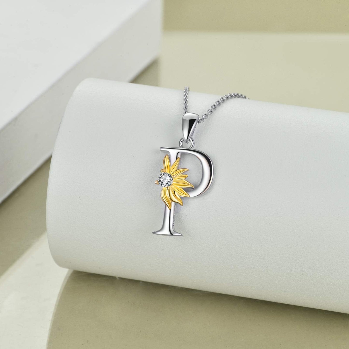 POPLYKE Sterling Silver Initial Alphabet Letter Script Name Pendant Chain Necklace for Women for (Sunflower P)
