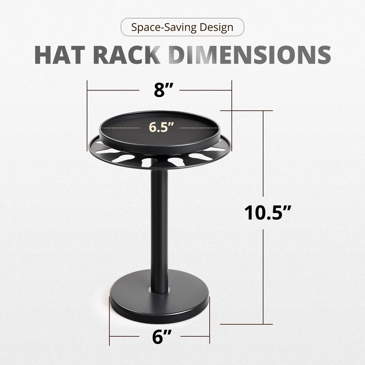 kondyfayo 360° Rotating Hat Organizer for Baseball Caps, Stainless Steel Hat Rack Holder with Top Storage Tray for Small Essentials, Ball Cap Storage Organizer for Closet, Entryway, Display (M-Black)