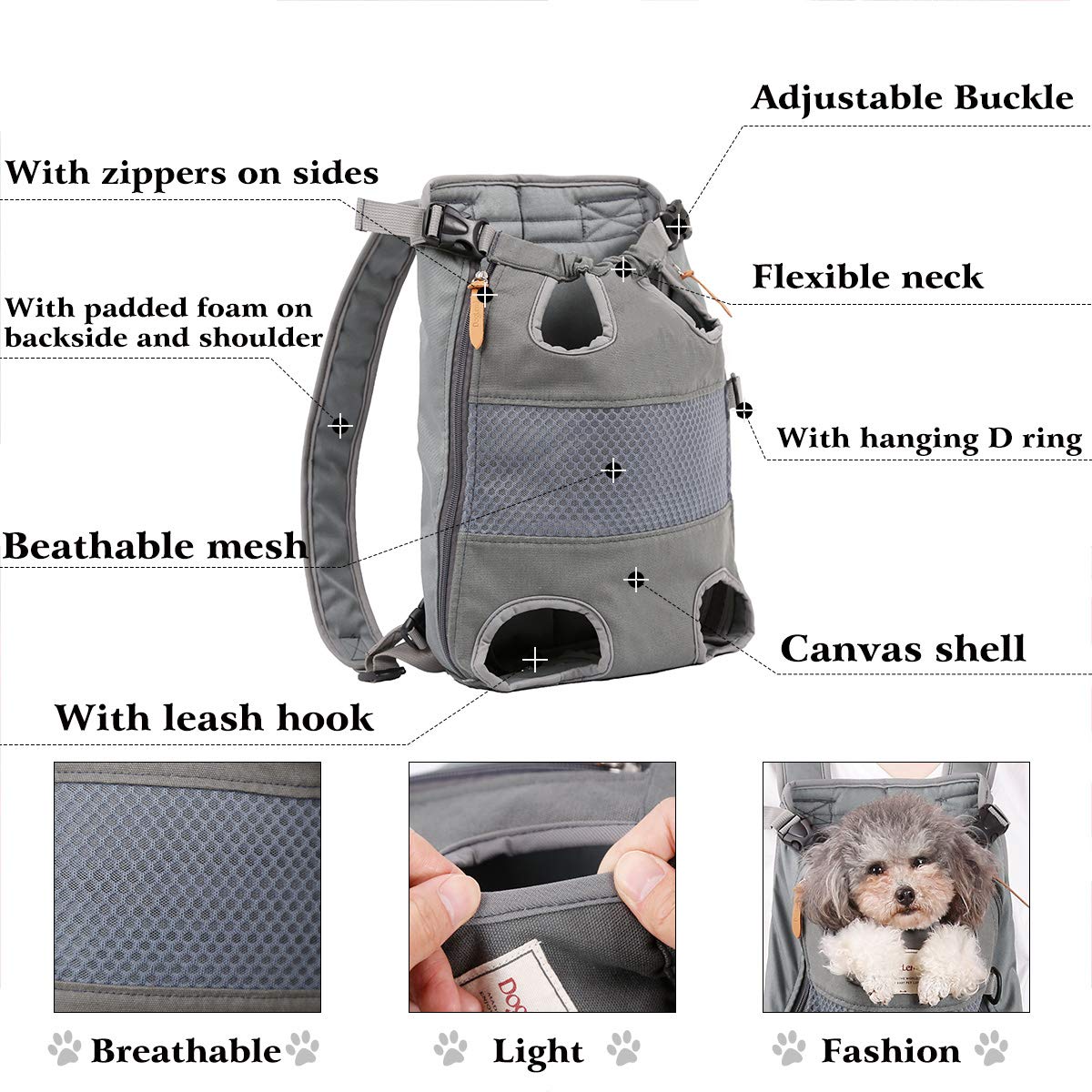 Lifeunion Legs Out Dog Carrier Backpack Hands-Free Adjustable Pet Travel Carrier for Small Medium Dogs Cats Motorcycle Hiking Walking (Grey)