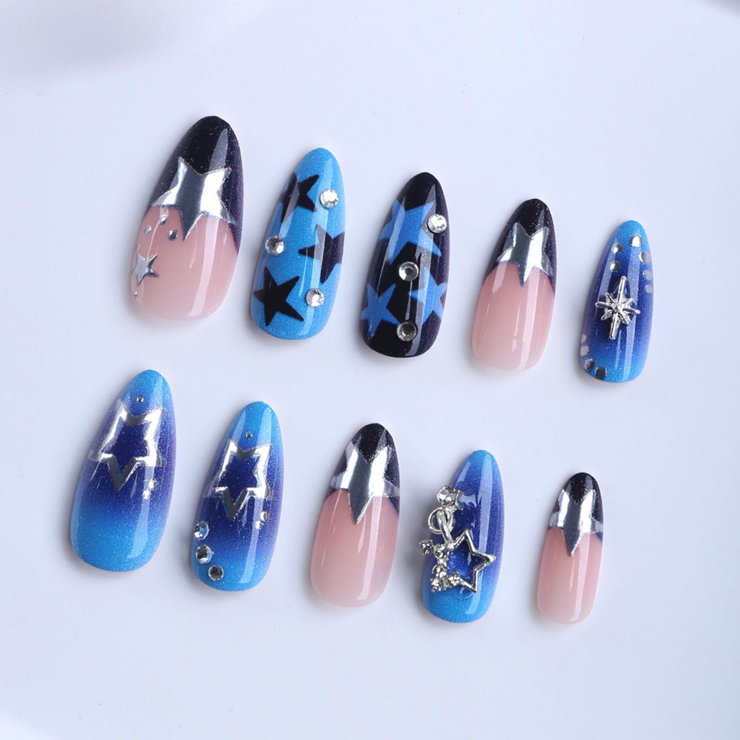 Almond Press on Nails Medium Fake Nails Blue Artificial Nail Seeneey Y2K and Silver Stars Designs Beach Stick on Nail for Women 24pcs