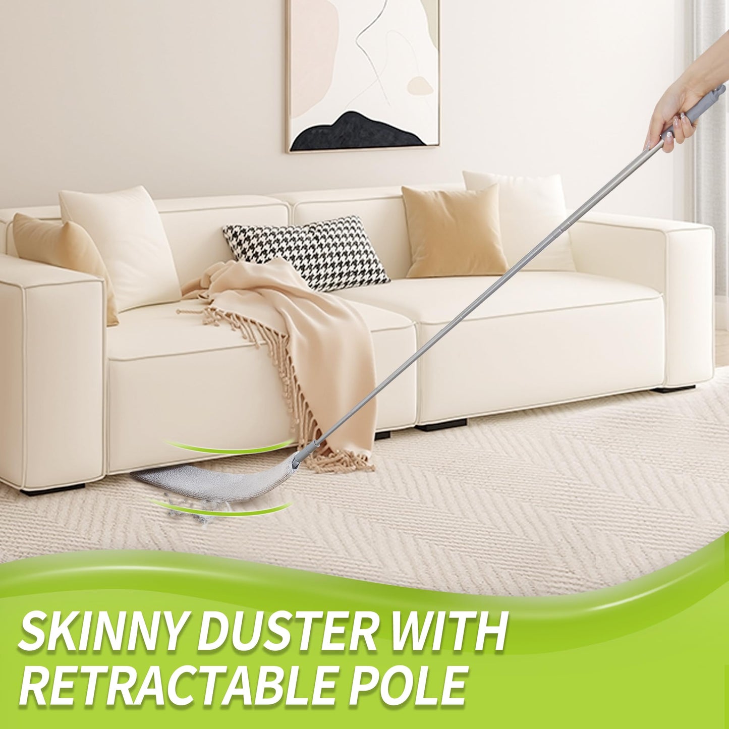 IVYROLL Duster with Extension Pole, Skinny Duster/Under Appliance Cleaning Tool & Spider Web Brush & Ceiling Cleaner, 100" Microfiber Feather Cleaner with Washable Head for Fan Furniture Wall
