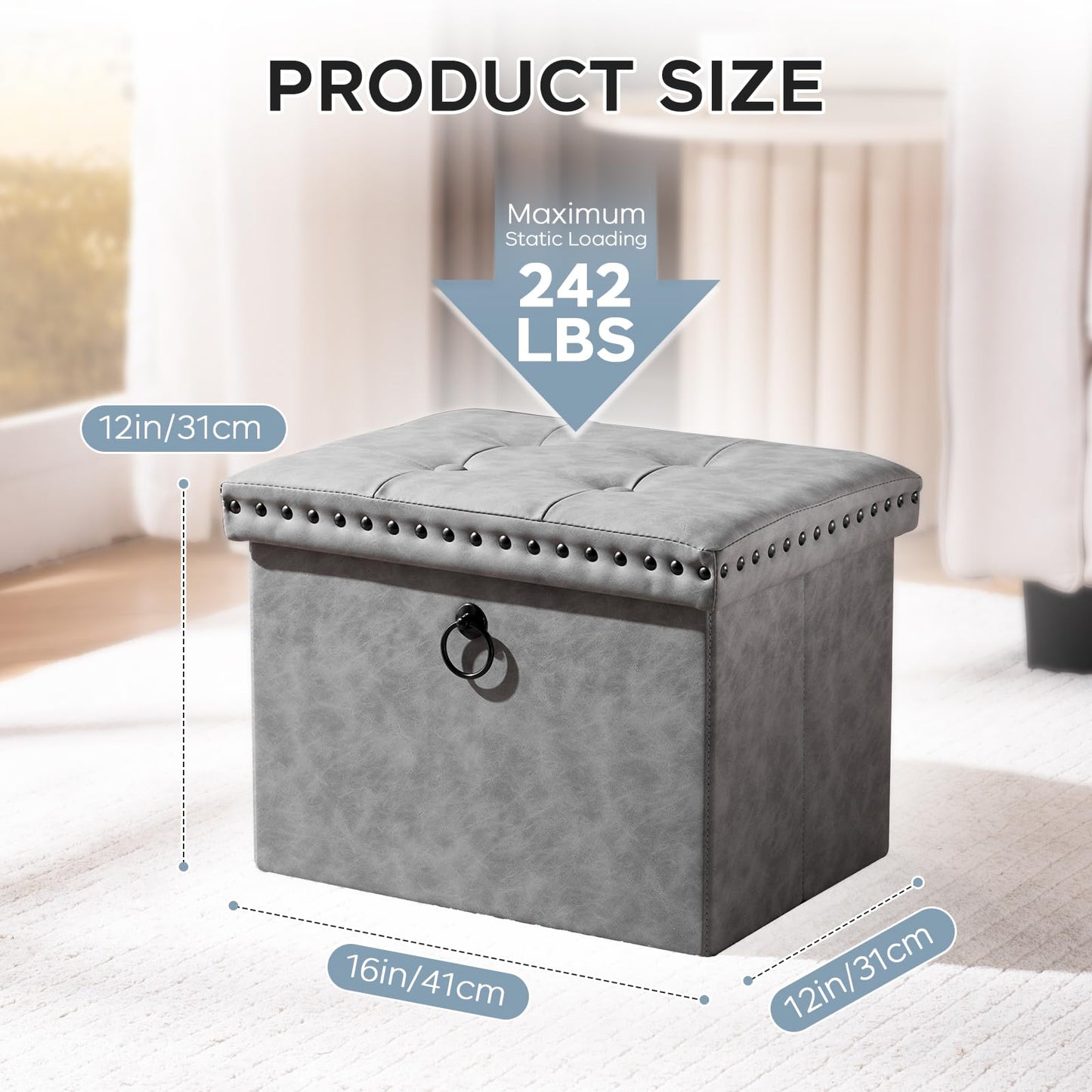 oakvivo Storage Ottoman Cube 16x12x12 inches, Small Faux Leather Tuffed Foot Rest Stool with Rivet Design, Foldable Ottomans Footstool, Box Chest for Bedroom, Entryway, Load 242 lb, Grey