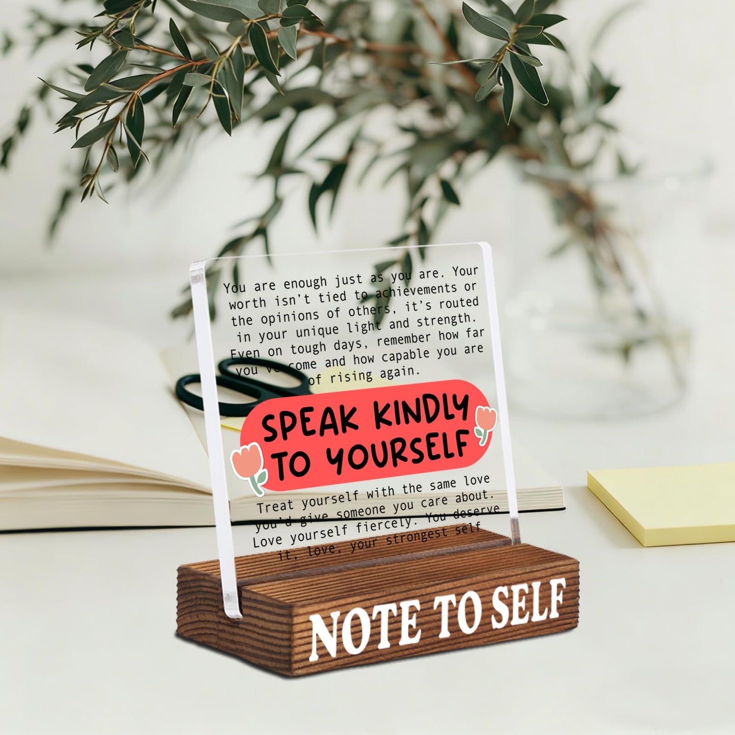 Inspirational Desk Decor with Positive Reminder, Speak Kindly to Yourself Acrylic Sign with Rustic Wood Base, Encouragement Gift for Home Office Coworker Friend SNOTE9