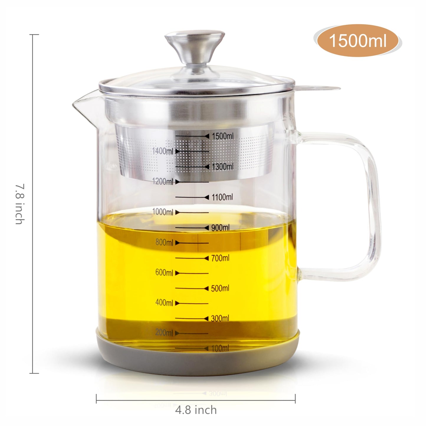 Abdodar 50oz Glass Oil Strainer Container with Fine Mesh Strainer for Bacon Grease, Nut Milk, Soy Milk, Tea Residues and All Purpose Straining (1.5L)