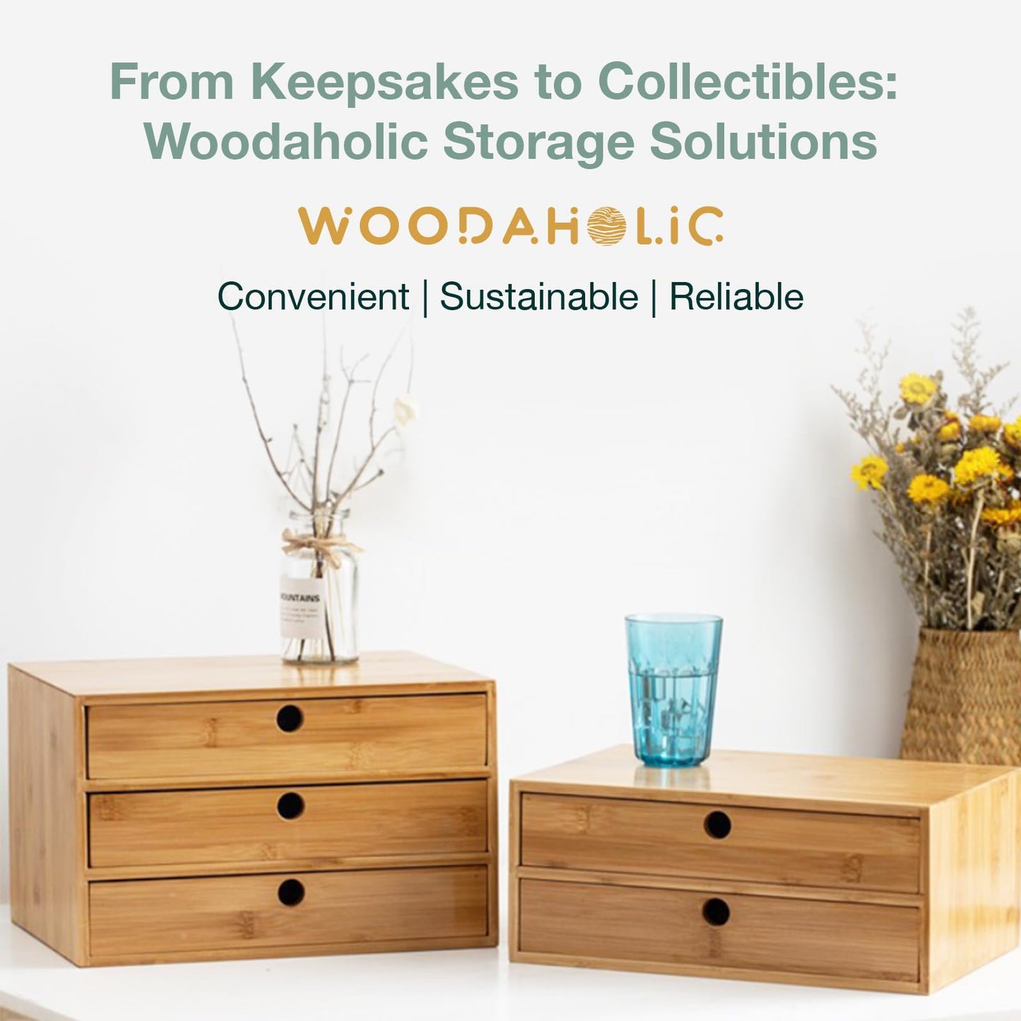Modular Stackable Set of 3 Bamboo Organizer Desktop Drawers - 1, 2, 3 = 6 Drawers Total Storage Organizer for Desk Accessories, Office Supplies, Makeup Storage - Tabletop Wood Box Stackable Drawers