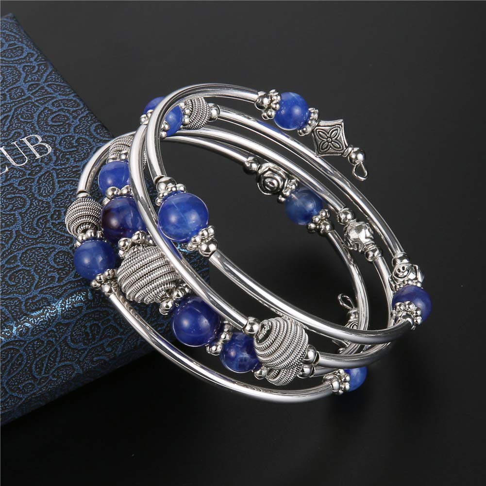 PEARL&CLUB Beaded Chakra Bangle Turquoise Bracelet - Fashion Jewelry Wrap Bracelet with Thick Silver Metal and Mala Beads, Birthday Gifts For Women(Blue)