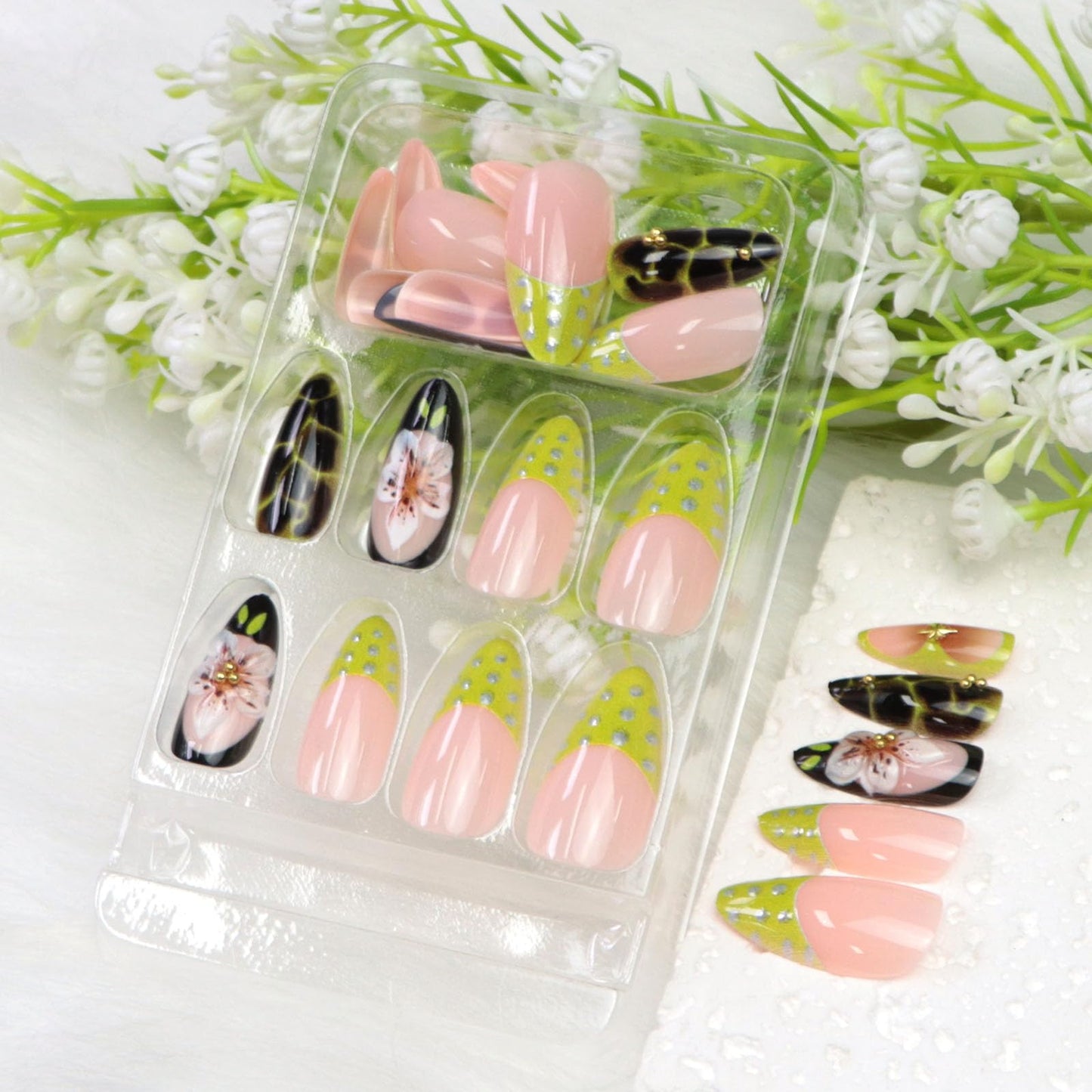 Almond Press on Nails Medium Fake Nails with Flowers Pearls Stars Dots Irregular Patterns Designs Green French Tip Glue on Nails Press ons Light Pink False Nails for Girls 24Pcs