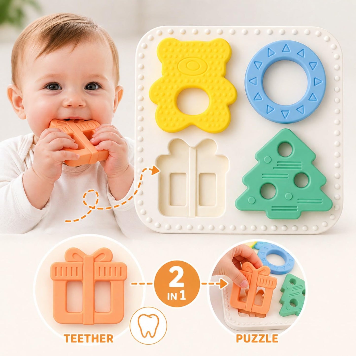 Babylul Baby Teether Puzzle - Silicone Teething Toy & Shape Matching Game for Babies 5-18 Months, 2-in-1 Sensory Montessori Toy, BPA Free, Food-Grade Silicone