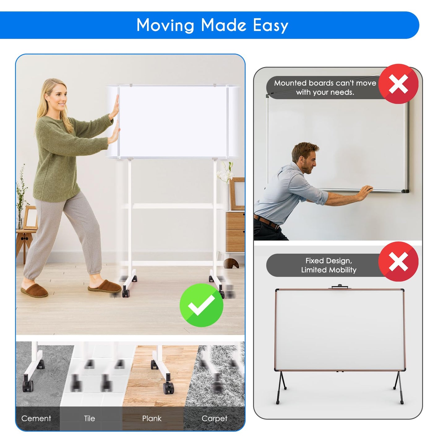 Maxtek Mobile Whiteboard Stand with Wheels, Height Adjustable No Drill Needed Dry Erase Board Easel Stand for Classroom, Office, Home & School, Whiteboard Stand Only