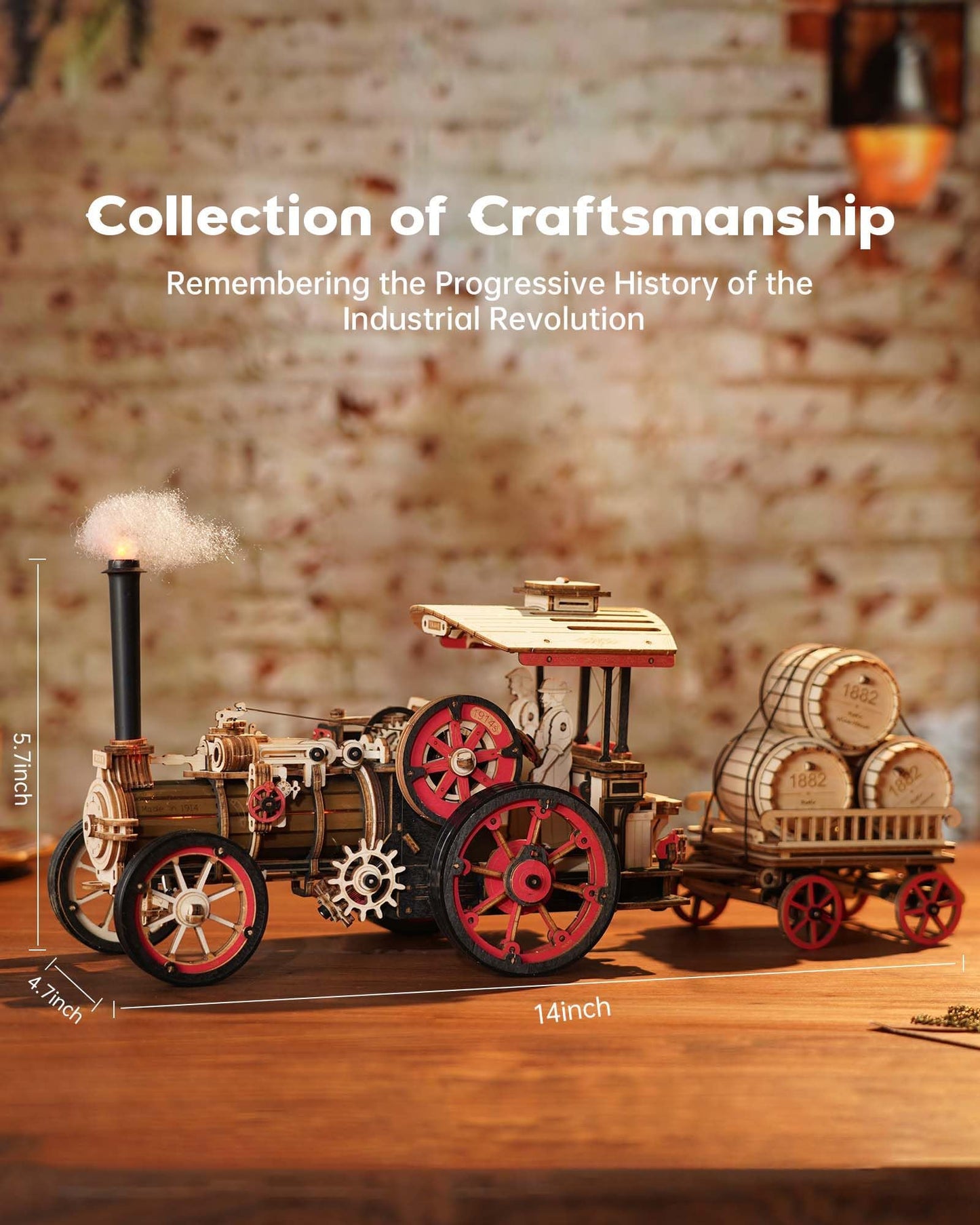 ROKR 3D Puzzle for Adults 469pcs Electric Vintage Car Steam Engine Model Kits, Mechanical Wooden Assembly Puzzles Vehicle DIY Hobbies Christmas Gifts for Men Women