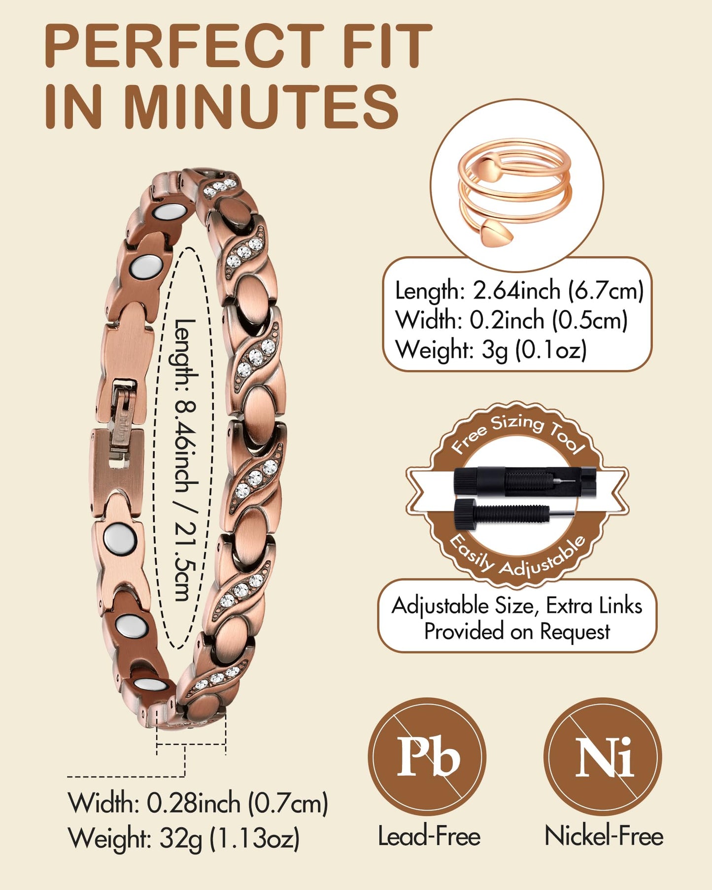 Feraco Pure Copper Bracelets & Rings for Women, Ultra Strength Magnetic Bracelet with 3500 Gauss Magnets & Sparkling Cubic Zirconia, Adjustable, Infinite Symbol