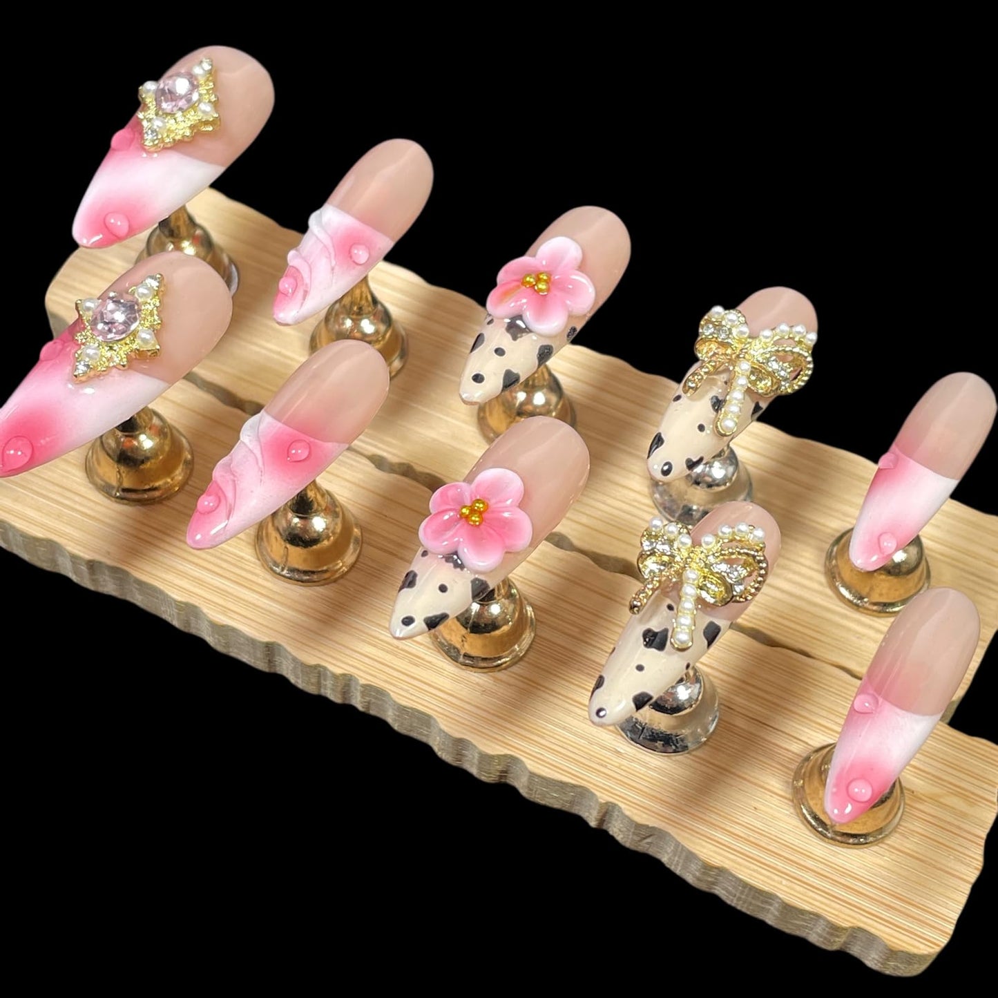 Handmade Press on Nails, Long Stiletto Acrylic False Nails with Pearl Bow, Pink Floral 3D Design, Vintage Rhinestone Embellished, Luxury Glamorous Set (Ribbon Elegance, L)