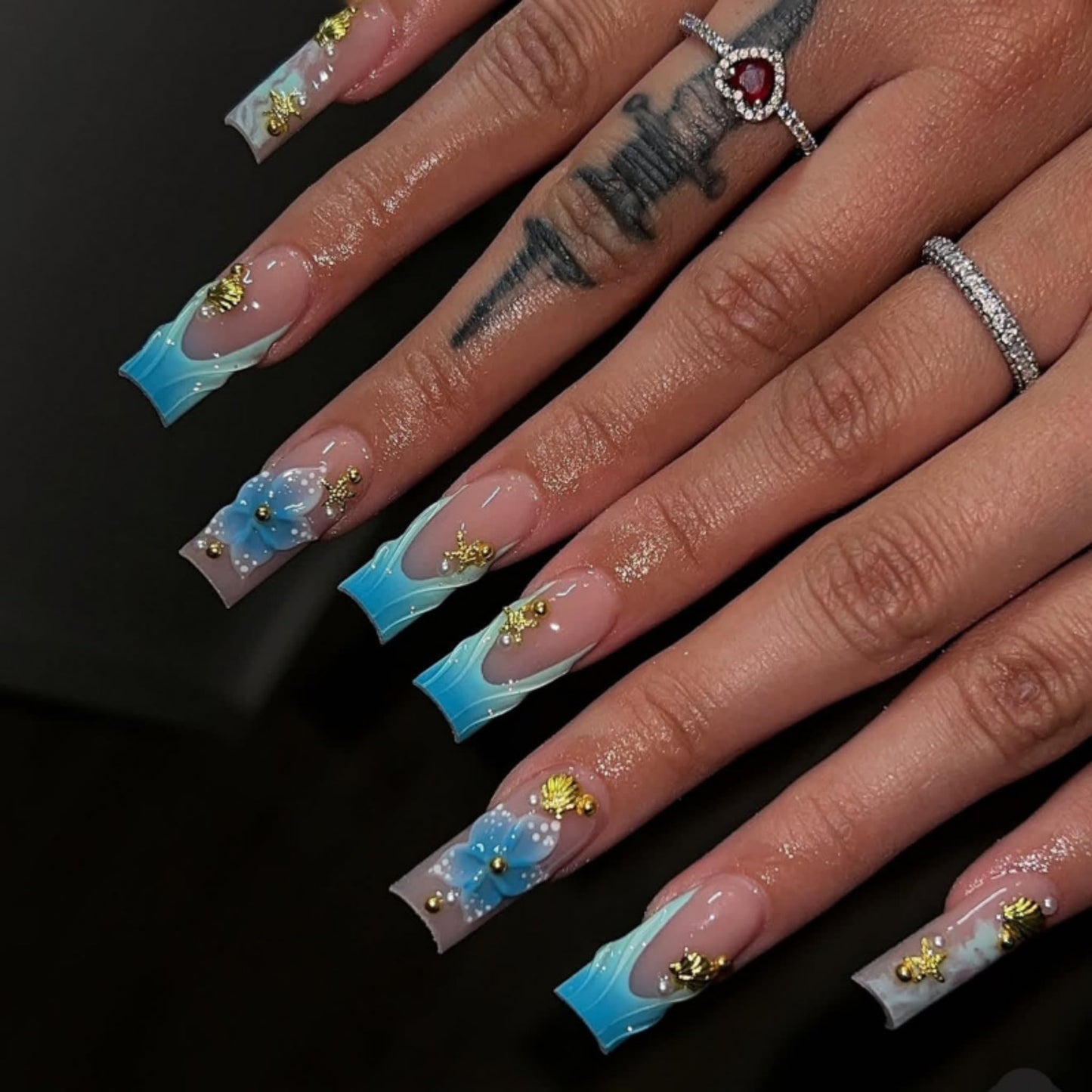 Long Press on Nails Square Fake Nails Blue Acrylic Nail Press ons Seeneey 3D Flowers and Gold Charm Designs Cute Sparkly Beach Stick on Nail for Women 24pcs