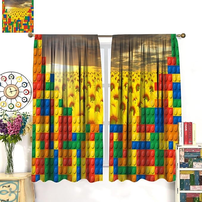 Colorful Building Blocks Sunflower Flower 3D Toy Printed Curtains, Building Blocks, Floral Sunflower Curtains, Interesting Brick 3D Design, Boys and Girls Room Curtain Panels, 2 Panels 55x63in