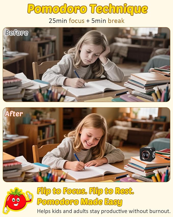 Pomodoro Timer Cube Visual Productivity Flip Timer for Kids Classroom Desk, 5/10/25/50min&Custom Countdown, Silent&Sound Mode Digital Cube for ADHD Study Work School Game Kitchen (Black)