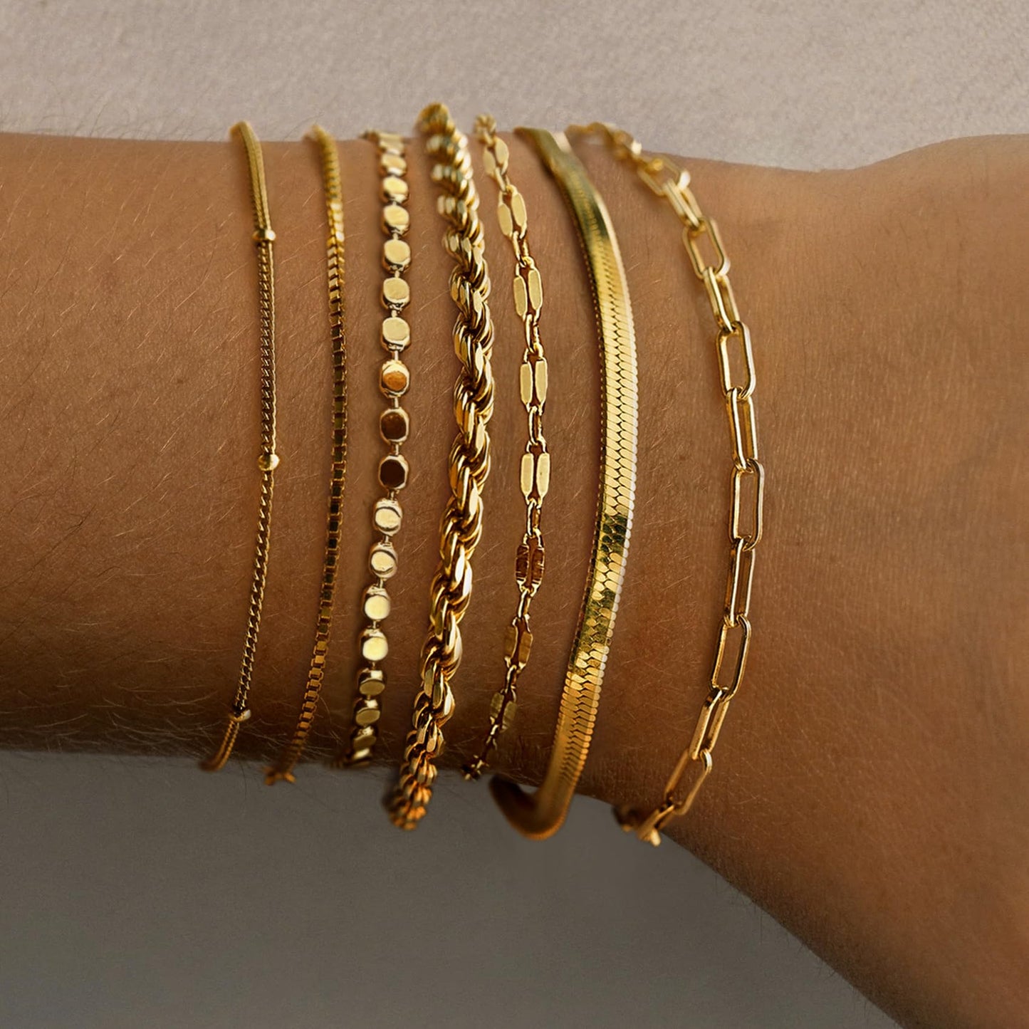 Amicon 14K Gold Plated Bracelets Set for Women – 7Pcs Dainty Stackable Tarnish-Resistant Paperclip Chain Jewelry Gift