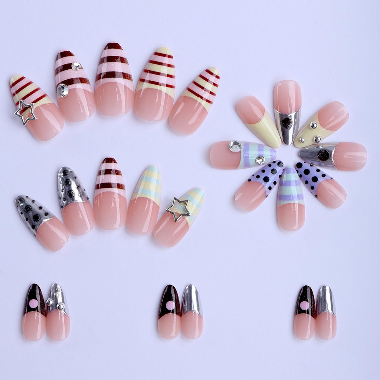 octoswave Press on Nails Long Almond Fake Nails Cute French Artificial Nail y2k Nail for Women 24pcs