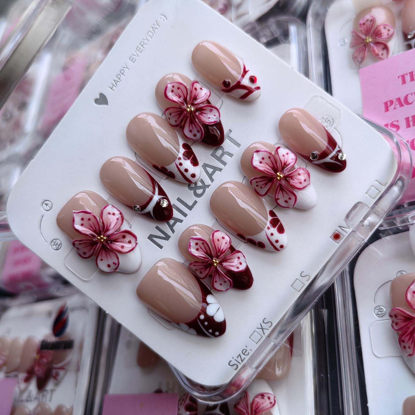 Gleamrain Luxury Professional Manicurist Handmade Nails Press Ons Almond Shape Short Press on Nails with French Tip and 3d Flower Design Nude Base Spring and Daily Use for Women 10pcs Pattern 25