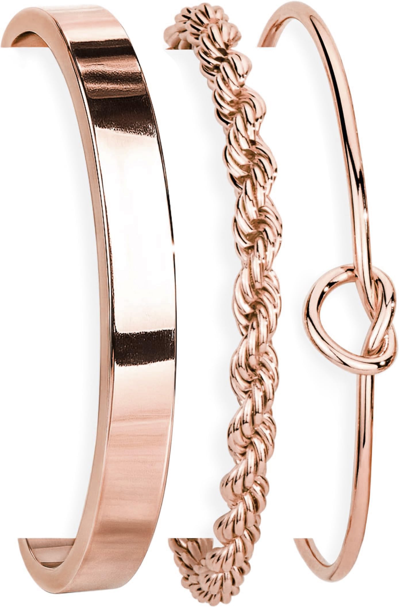Poxtex Rose Gold Bangle Bracelets Stack for Women, Rose Gold Cuff Link Chain Bracelets Set, Trendy Waterproof Jewelry Gifts Adjustable