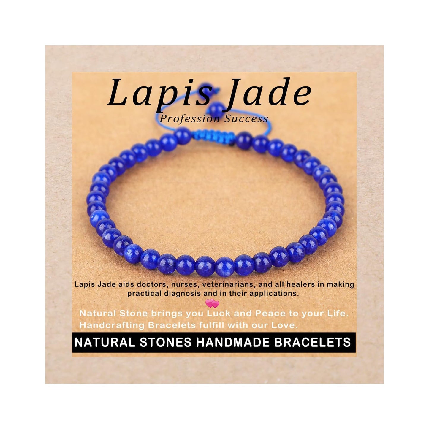 AD Beads 4mm Blue Lapis Jade - Profession Success - Handmade Natural Stone Crystal Bracelet with Adjustable Macrame String - Yoga Healing Power Energy Gifts for Men and Women