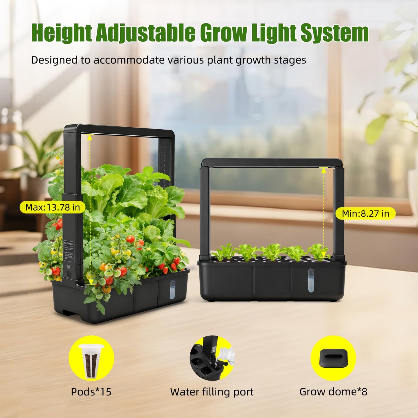 15-Pod Indoor Hydroponic Growing System with LED Grow Light, Smart Garden Kit, Adjustable Height, Auto Timer and Quiet Water Pump for Herbs