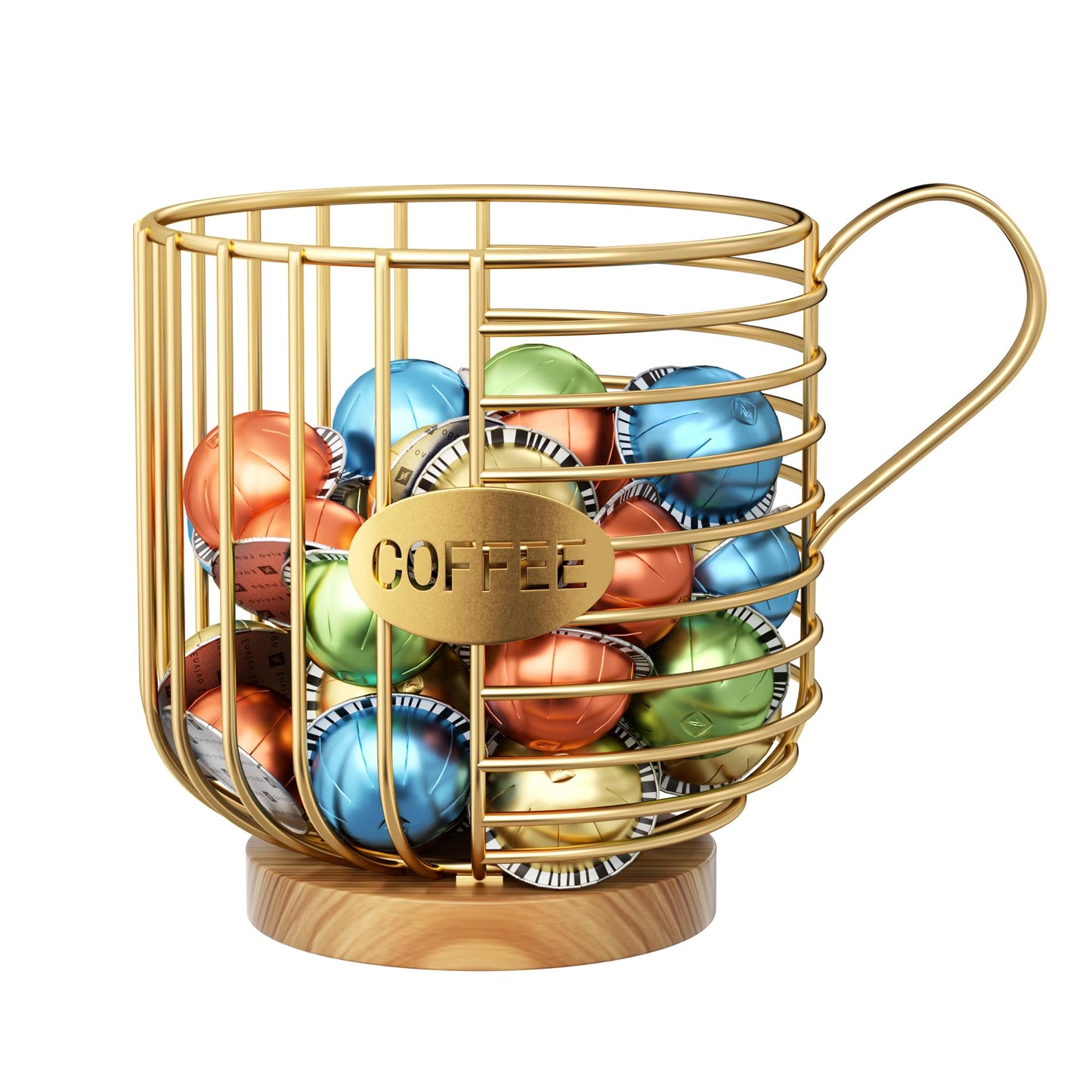 Coffee Pod Holder, 45+ Large Capacity Wire K Cup Storage Organizer with Solid Wood Base, Anti-Slip Coffee Capsule Holder for Kitchen Bar Counter, Compatible with K-Cups/Nespresso Espresso Capsules
