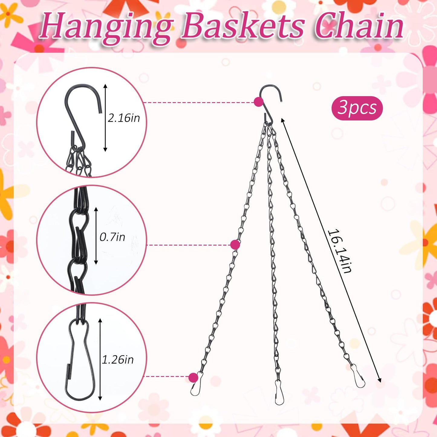 Jeffdad 3 Pack 16 Inch Hanging Basket Chain, Flower Pot Chain with Hooks 3 Point Plant Pot Replacement Chains Hanger Flowerpot Chains Replacement PlantHangers for Planters Bird Feeders Lanterns
