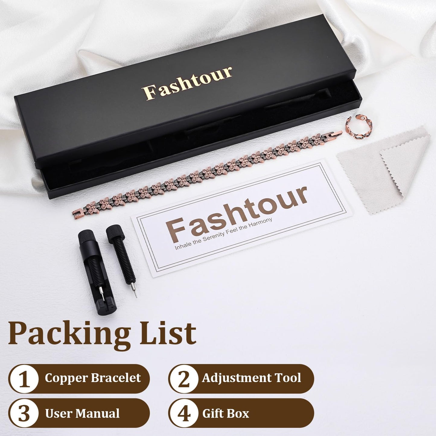 Fashtour Copper Bracelet and Ring Set for Women, 99.99% Pure Copper Magnetic Bracelet with Butterfly Design & Matching Adjustable Heart Ring – 3800 Gauss Magnets, Includes Sizing Tool & Gift Box