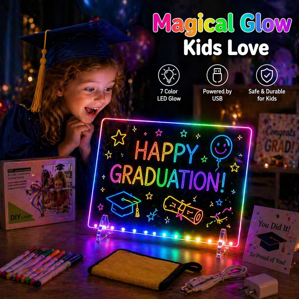 Lumiboard Led Drawing Board 7 Colors, Light Up Cosmody Drawing Board, Glowing Acrylic Dry Erase Board, Easter Basket Stuffers,Easter Egg Fillers Gifts Kids Girls Boy Teens(14.25")