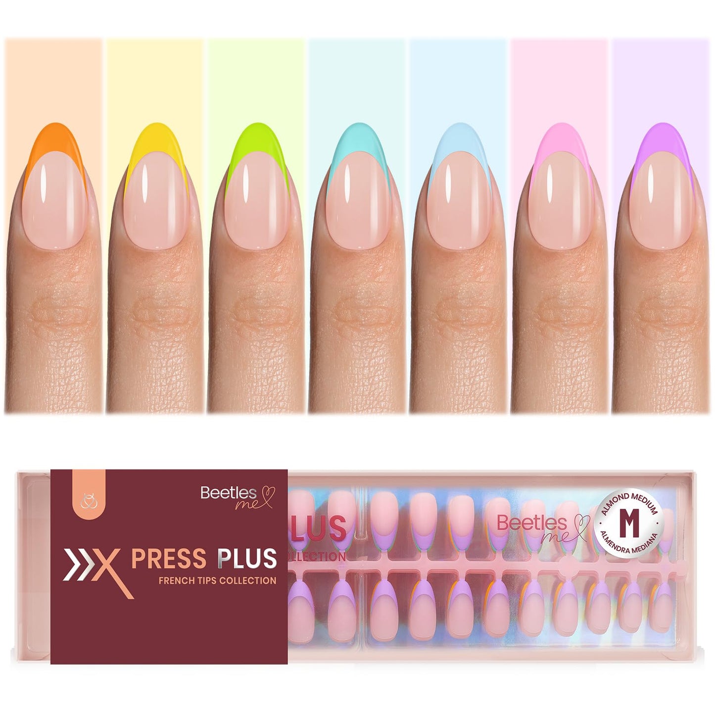 Beetles French Tips Press On Nails - Pastel Spring Medium Almond 6 Colors 192 Pcs with Summer Press On Nails 224 Pcs 7 Colors French Tip Medium Almond