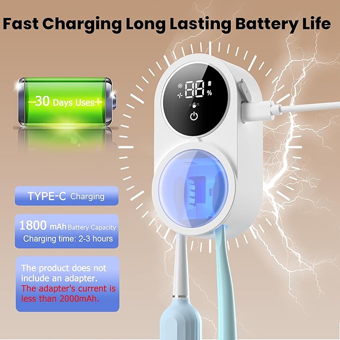 Toothbrush Holder and Cleaner Razor Holder/Dryer Light Cleaning and Air Drying Automatic Ratating Cover Rechargeable Wall Mounted for Bathroom Portable for Trip