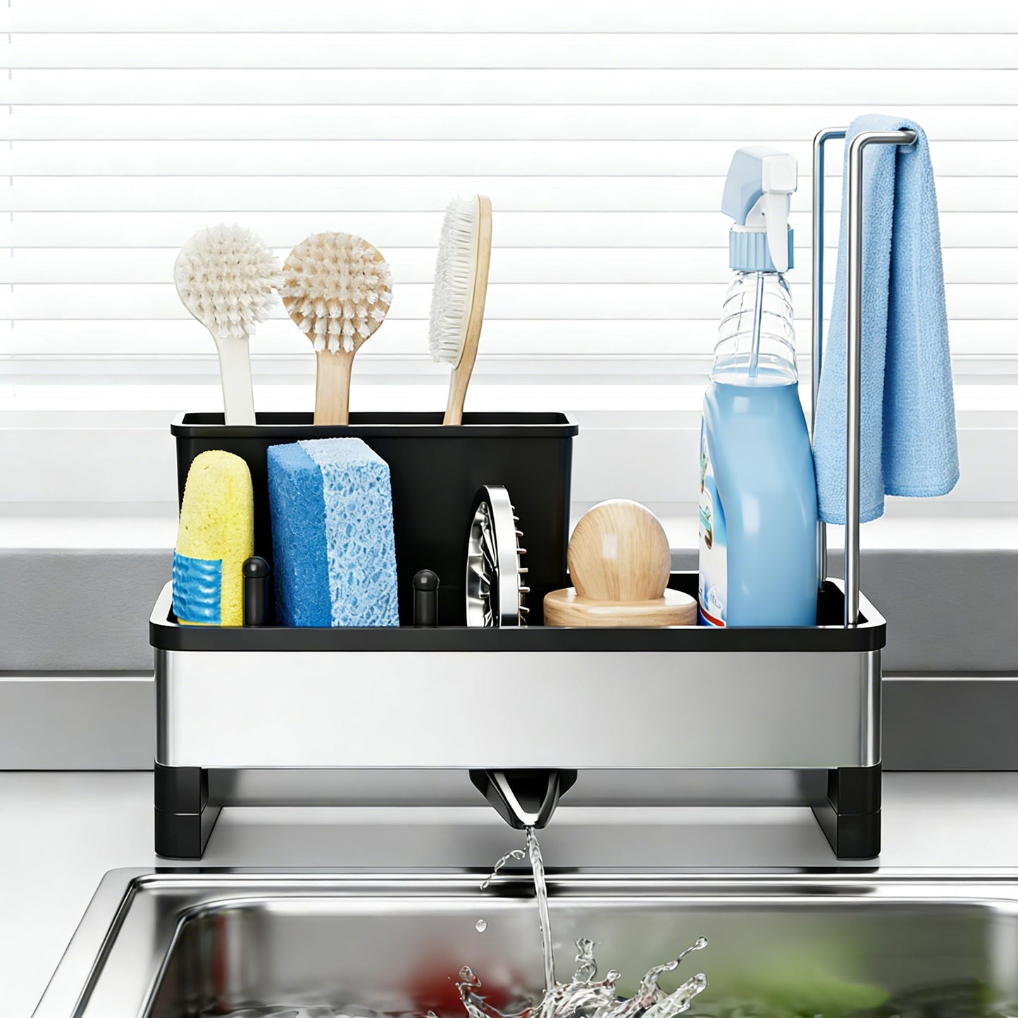 304 Stainless Steel Sink Caddy with Auto-Drain, Rustproof Sink Organizer, Sponge Holder with Removable Brush Holder & Towel Rack, Countertop Storage for Dish Soap Dispenser, Kitchen Sink Accessories