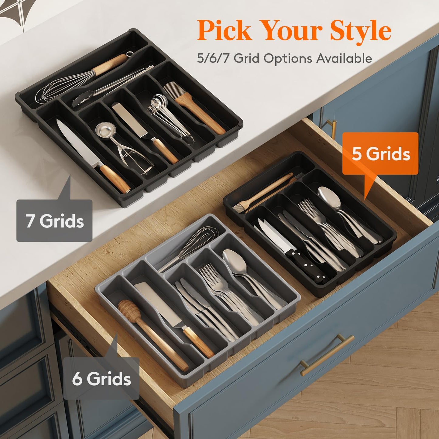 Lifewit Silverware Drawer Organizer Tray, Plastic Cutlery Storage for Kitchen, Flatware and Utensil Holder Divider for Spoons Forks Knives Tableware, 9.1 x 12.6", 5 Slots, Black