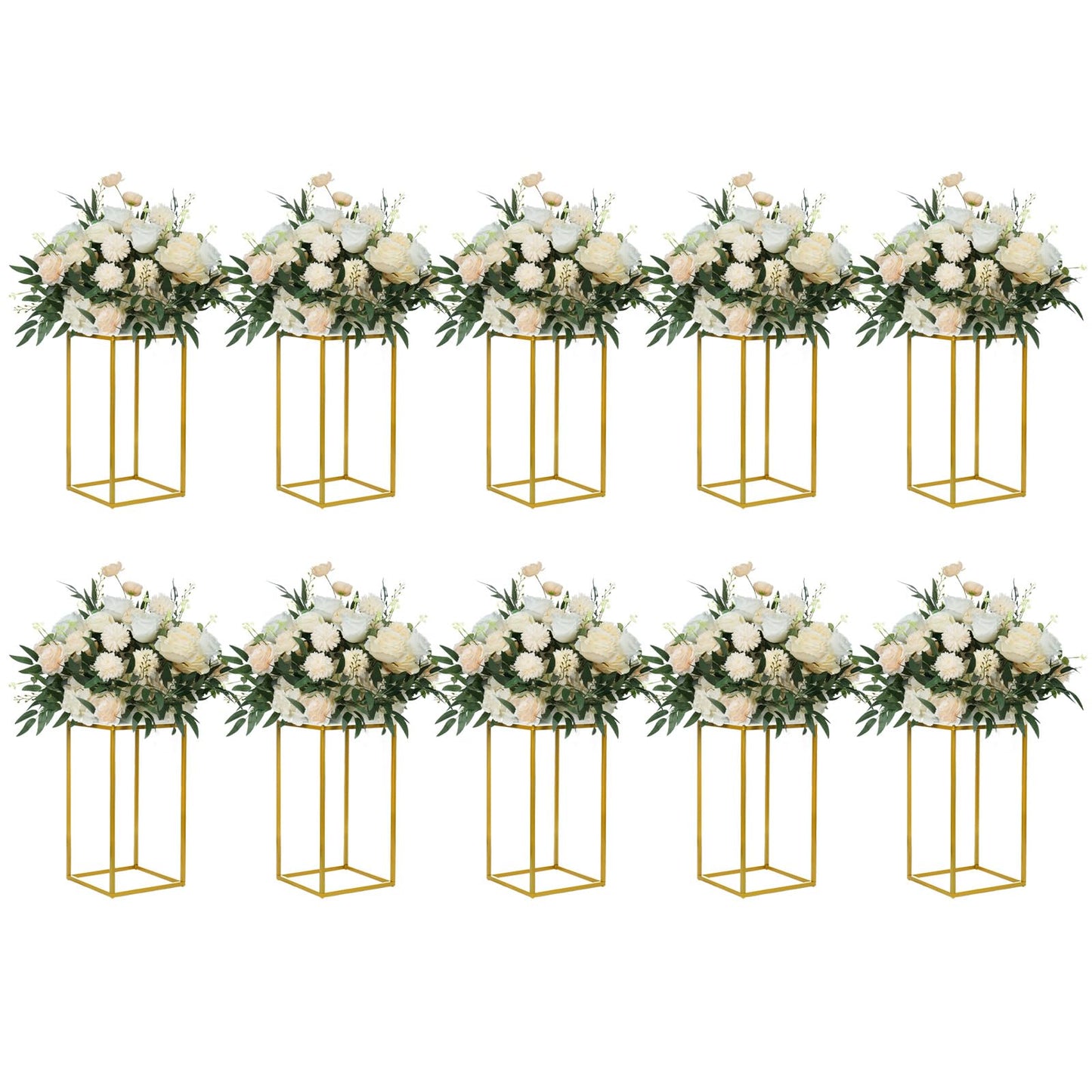 YALLOVE 10 Pcs 15.75" Gold Wedding Flower Stand Metal Vase Column Stand Geometric Centerpiece Vase for Home Party Wedding Decorations, Rectangular Flower Display Rack